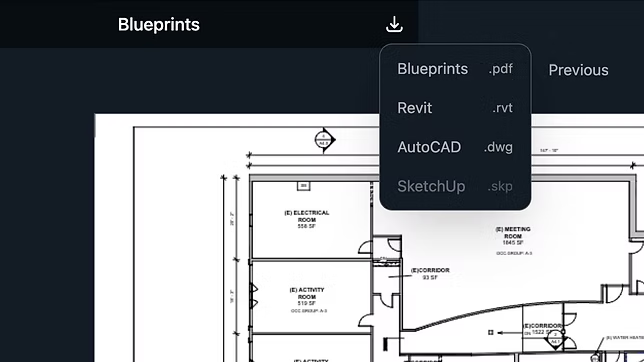 Blueprints AI export options — AutoCAD, Revit, PDF